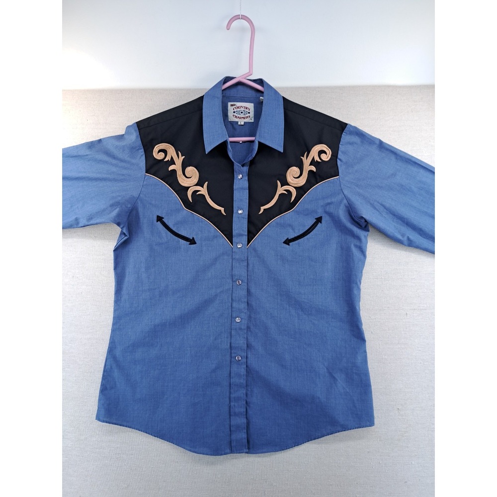 Vtg Ely Country Charmers Womens Large Blue Pearl Snap Cowboy Shirt Embroidered